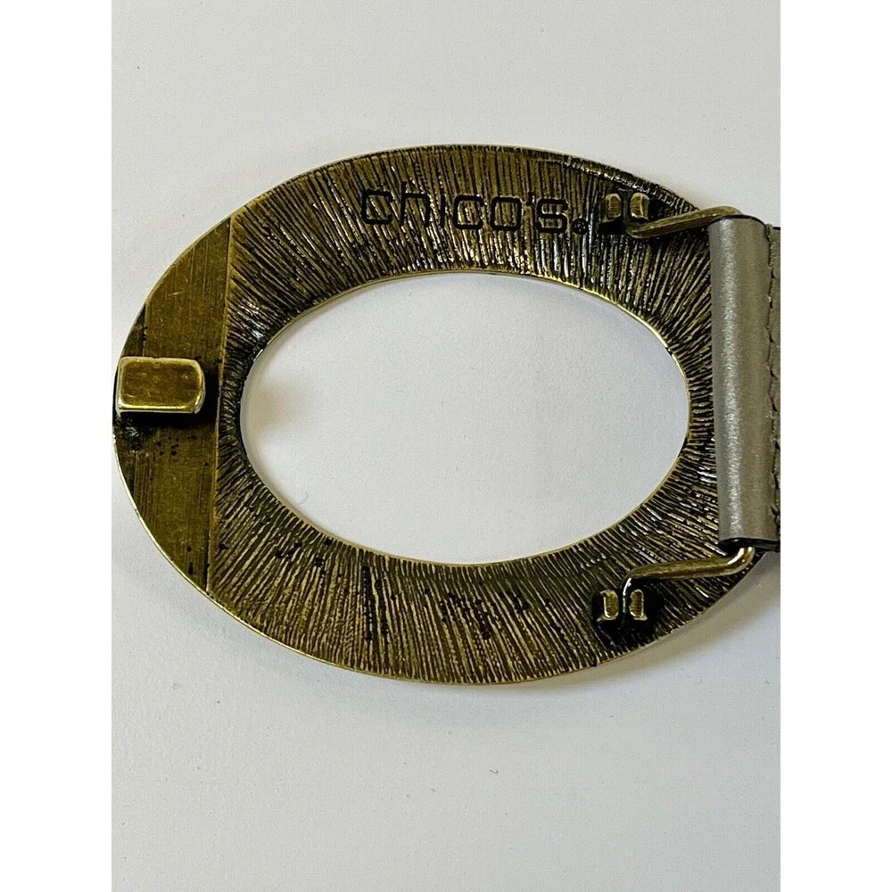 Chico's Belt Antique Gold Hammered Double Ring Closure‎ Taupe/Grey Adjustable - Picture 5 of 7